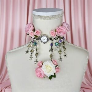 Pink Floral Choker Necklace with Charms
